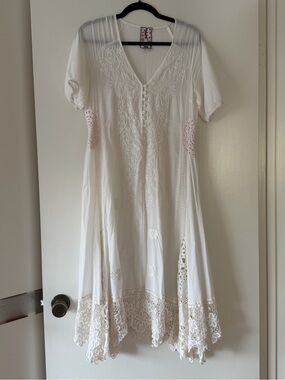 Johnny Was White Embroidered V-Neck Midi Dress